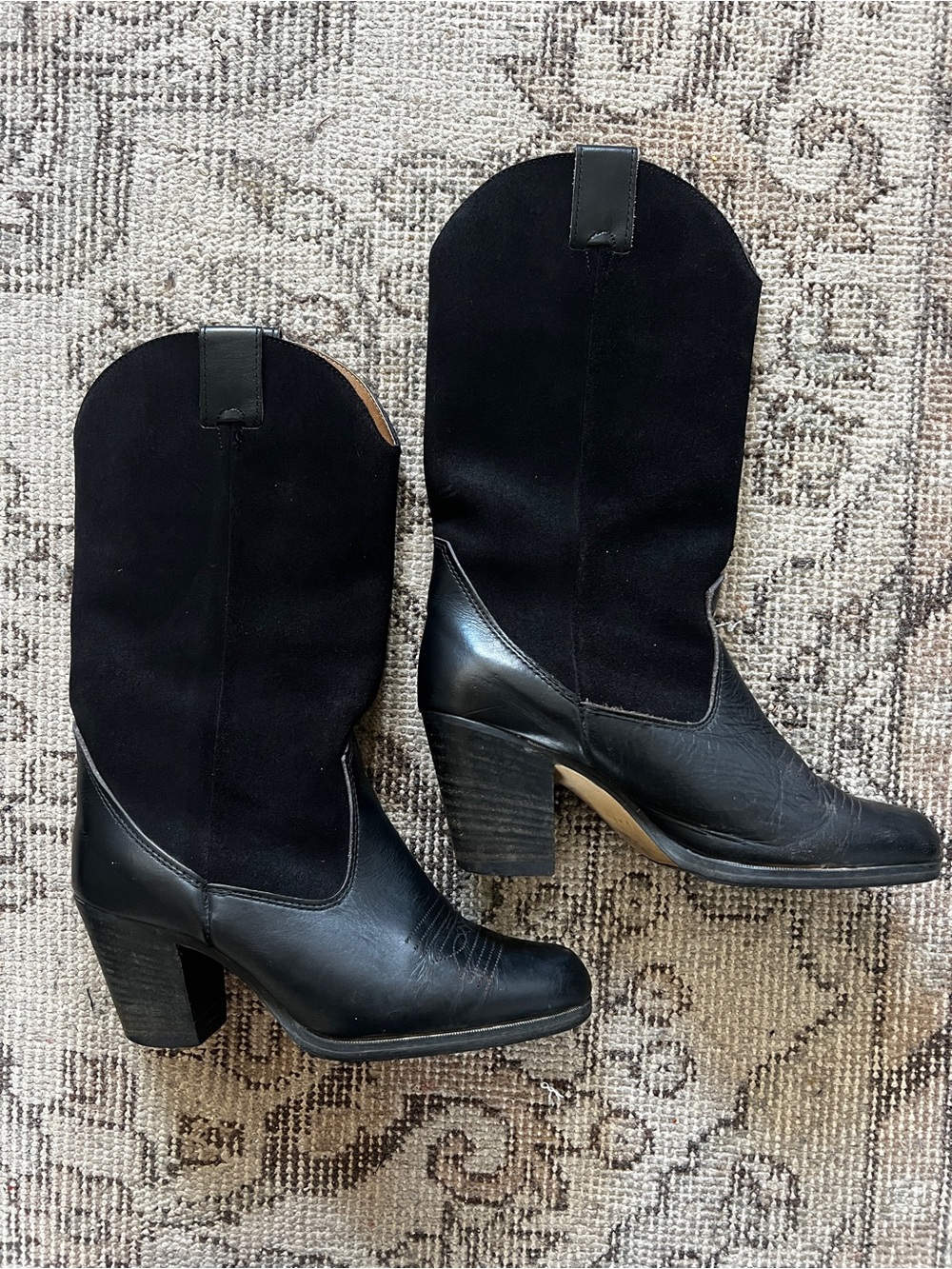 Vintage HANNA Made in Canada Black Leather Suede Western Cowgirl Boots 9B